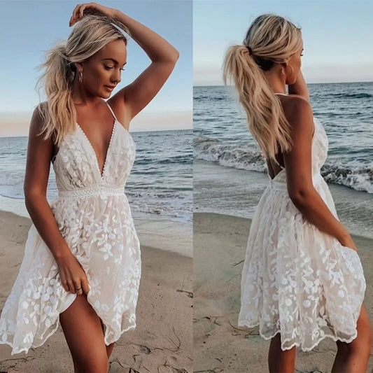 2023 Summer New Sexy Deep V-Neck Open-Back Tank Gown Dress Amazon Lace Beach Dress European And American Style
