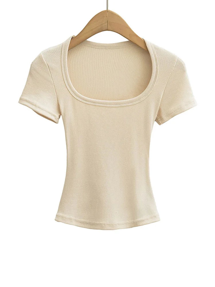 Women's Square Collar Slim Fit Crop Top High Stretch Short Sleeve Pullover Sexy Summer Blouse T-shirt Bottoming