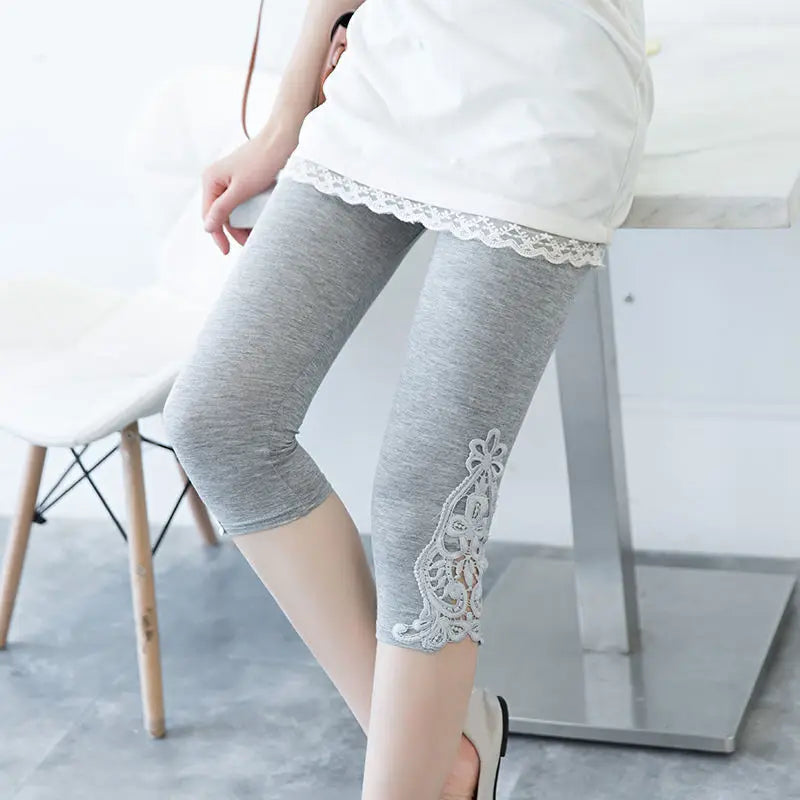 Women Summer Hollow Lace Stretch Leggings Sports Fitness Skinny Pants Crop 3/4 Length Leggings Capris Cropped Modal Pant