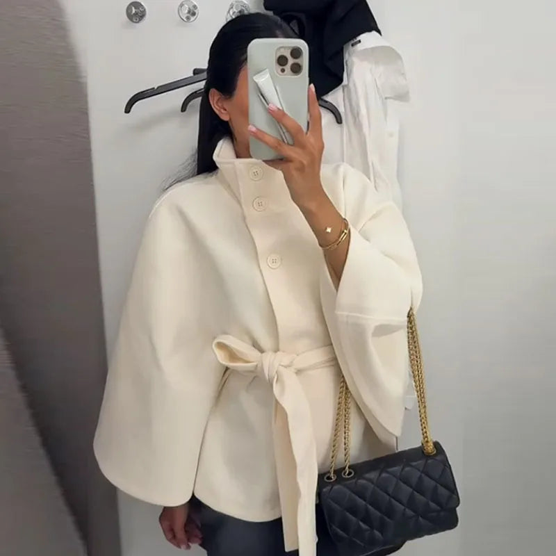 Womens Short Cape Coats For Women Belt Faux Wool Blends Coats Autumn Winter Solid Coats Elegant Cloak Jacket Ladies 2025
