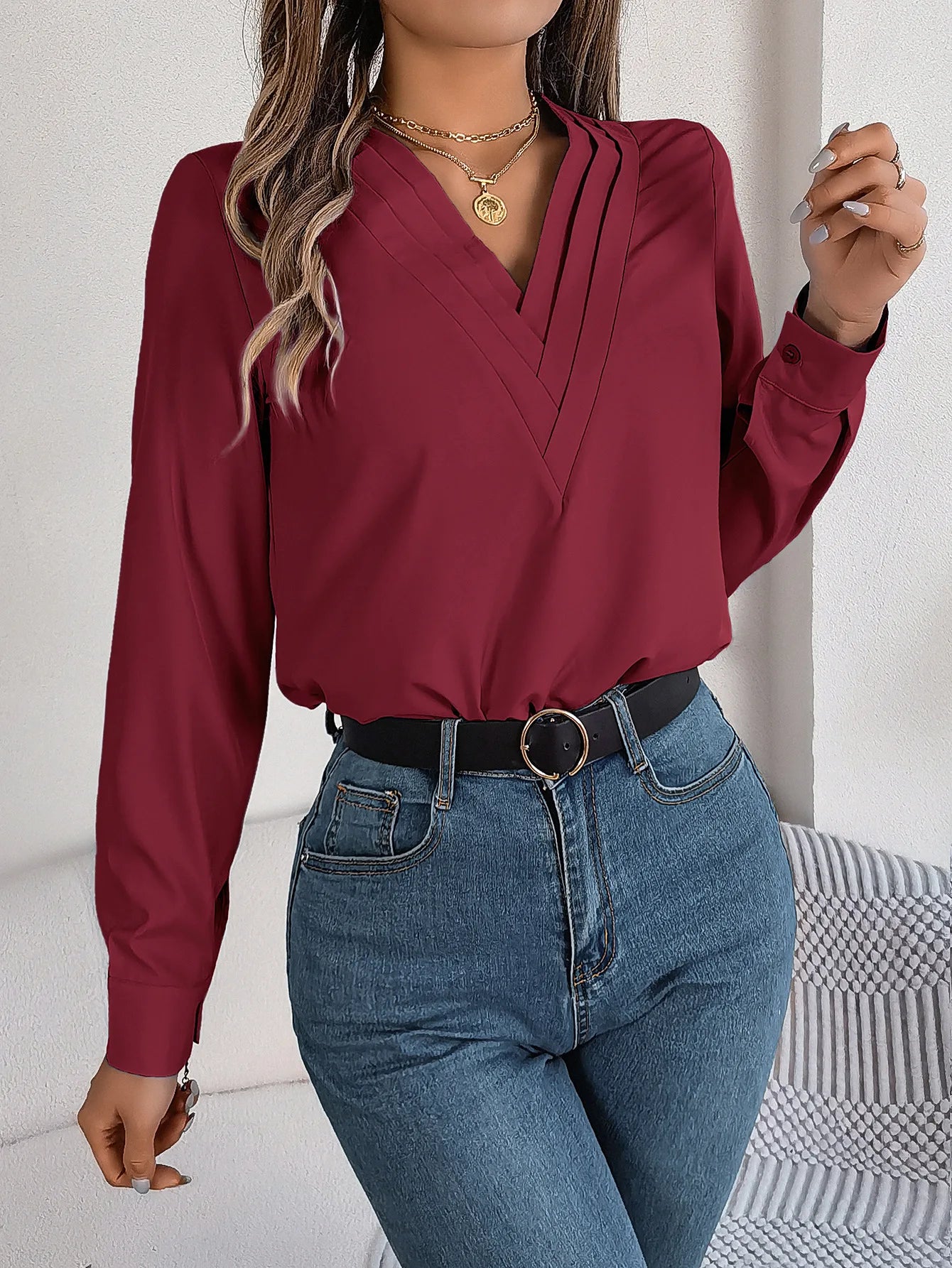 VigoCasey 2025 Spring White Long Sleeve T-shirt Elegant Women V Neck Solid Shirt Top Autumn Office Lady Pullover Tops Clothing
