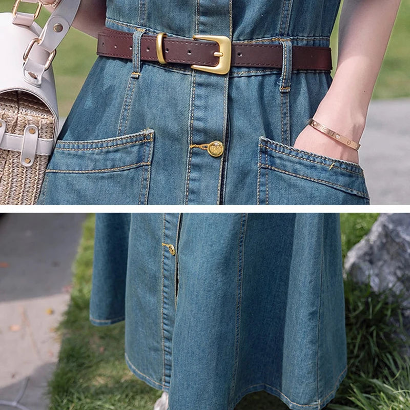 2025 Summer New Women's Denim Dress Solid Short Sleeve Korean Hot Fashion Jeans Dress Female Single-Breasted Long Cowgirl Dress