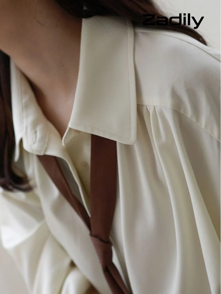 2025 Summer Minimalist Long Sleeve Button Up Shirt Women Korean Style Solid Tie Oversize Shirts Blouse Loose Clothes Autumn Tops