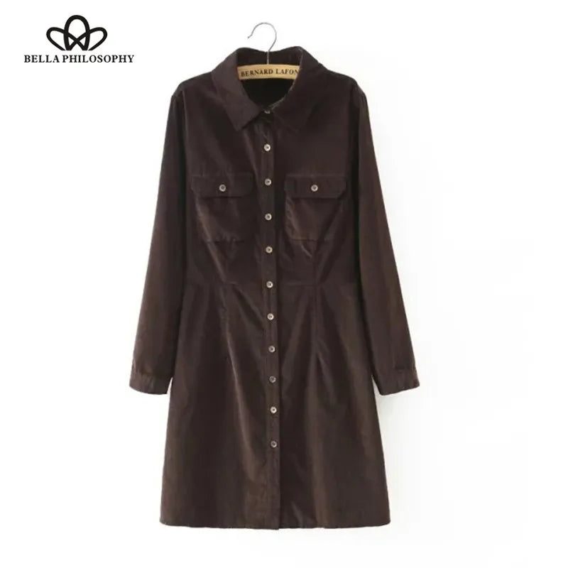 Bella Philosophy Autumn Winter Solid Corduroy Cotton Slim Women Long Shirt Dress Women Button Casual Ladies Vestidos