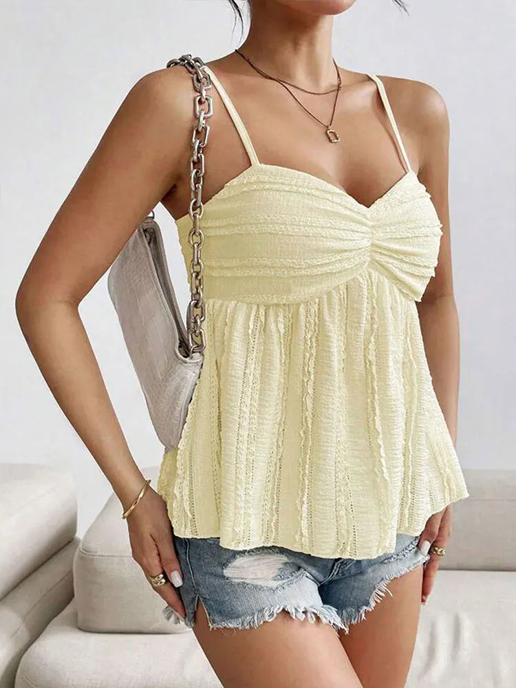 Women New Top Camisole Summer Streetwear Fashion Casual Slim Pleated Top Tank Solid Sexy Lady Backless V-Neck Camisole Clothing