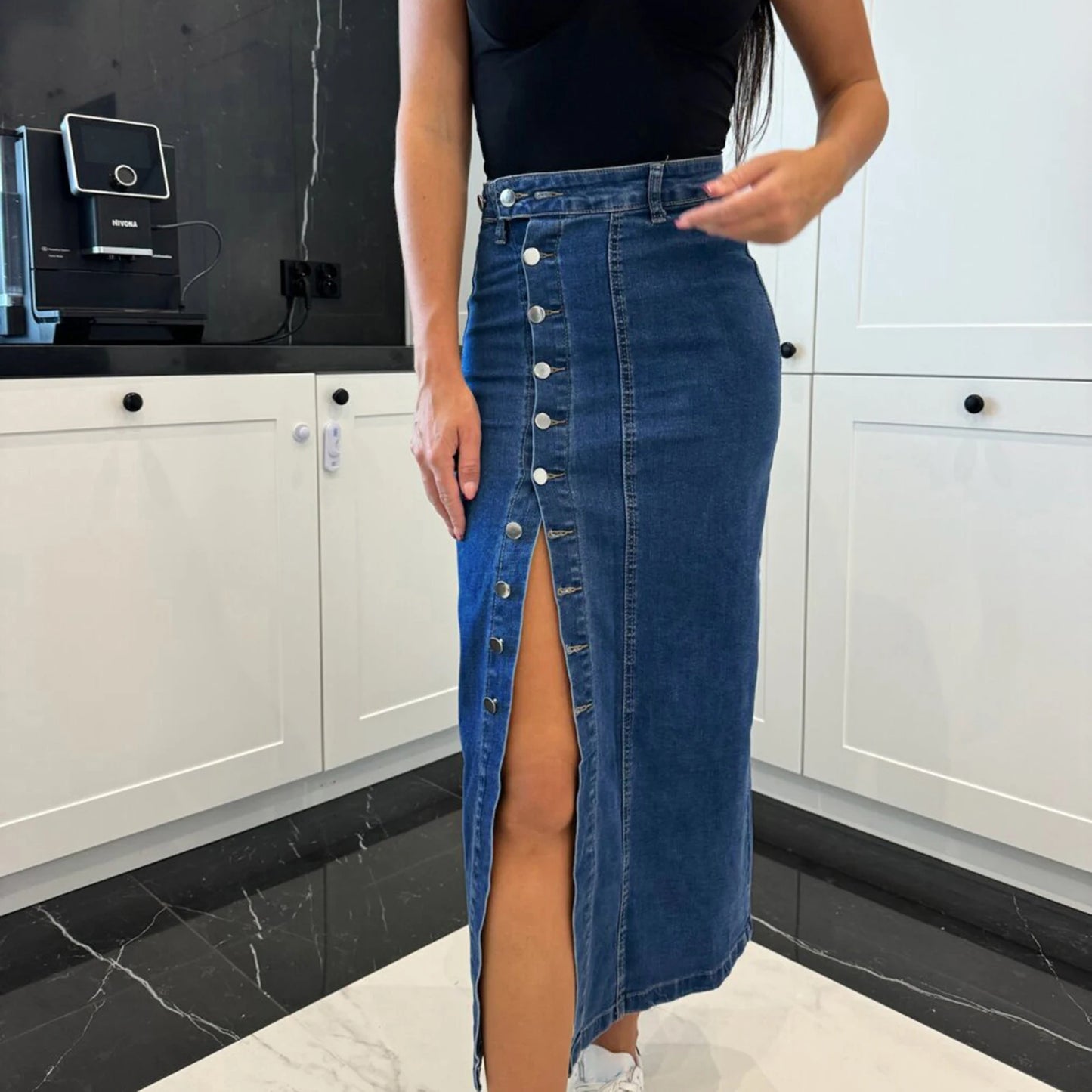 Women's Denim Skirt Solid Color High Waist Oblique Button Up Split Long Skirt for Travel Party