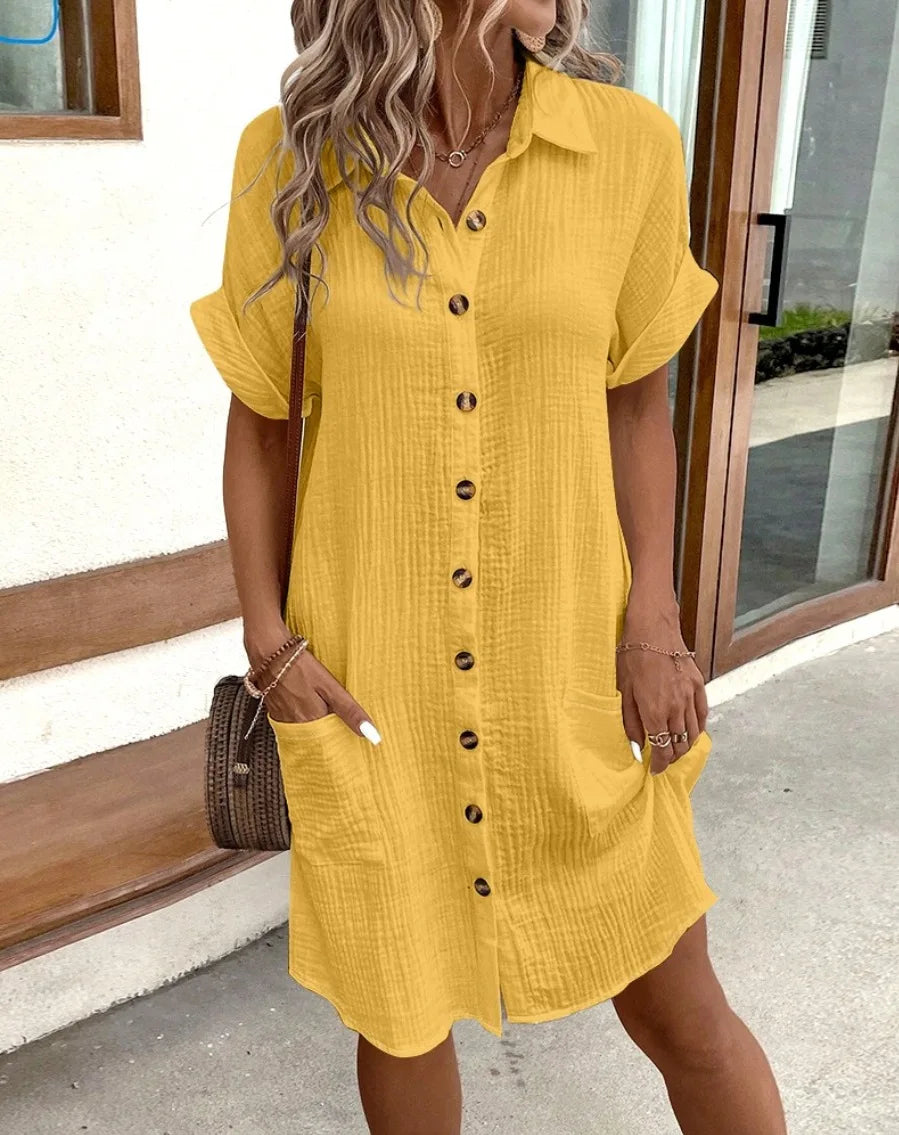 Women's Fashion Summer Minimalist V-neck Button Up Dress Woman Cotton Linen White Short Sleeved Pocket Casual Loose Shirt Dress