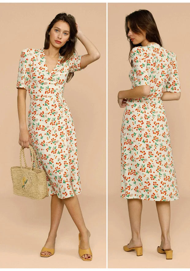 Summer Sweetheart Small Fresh Retro Cherry Print Short-sleeved Wrap Dress, One-piece Coffee Break Dress Tea-break Dress