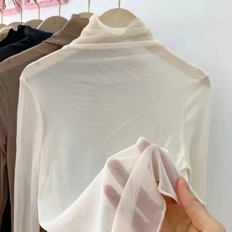 Sexy Women T Shirt See Through Transparent Tops Long Sleeve Ladies T-Shirt Pink Green Basic Top for Female Bottoming Blouses