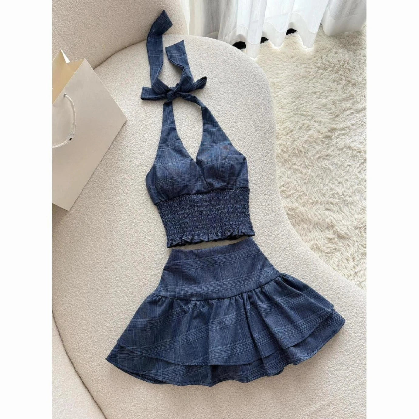 Retro Street Fashion Washed Denim Two-Piece Skirt Set Women Hip Hop Harajuku Goth Halves Neck Top Mini Pleated Skirt Trendy Set