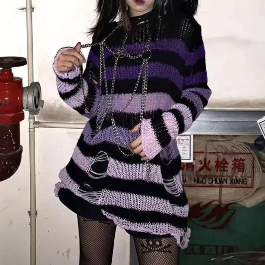 New Autumn Punk Gothic Long Unisex Sweater Women Striped Cool Hollow Out Hole Broken Jumper Loose Rock Thin Dark Streetwear Top