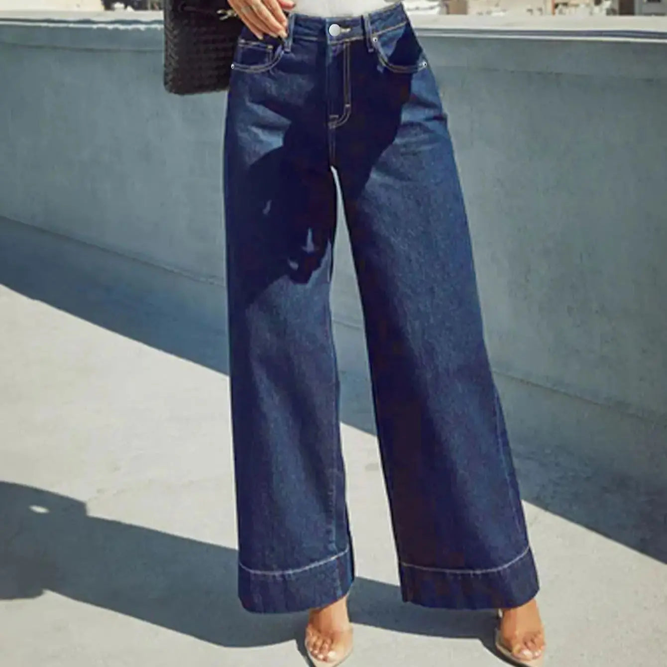2025 New Summer Women's High Waist Wide Leg Jeans - Classic dark blue washed stretch jeans with button fly for an elegant style.