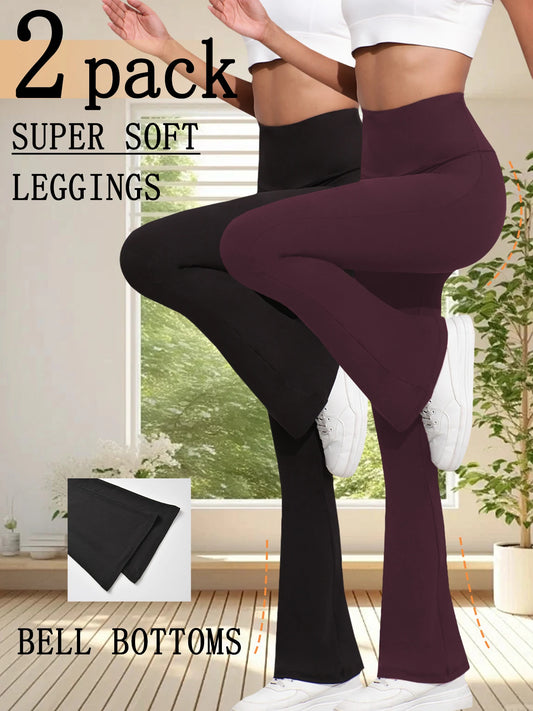 2 Pack Women's Super Soft Flare Pants High Waisted Tummy Control Workout Yoga Push Up Gym Fitness Long Leggings Bell Bottoms