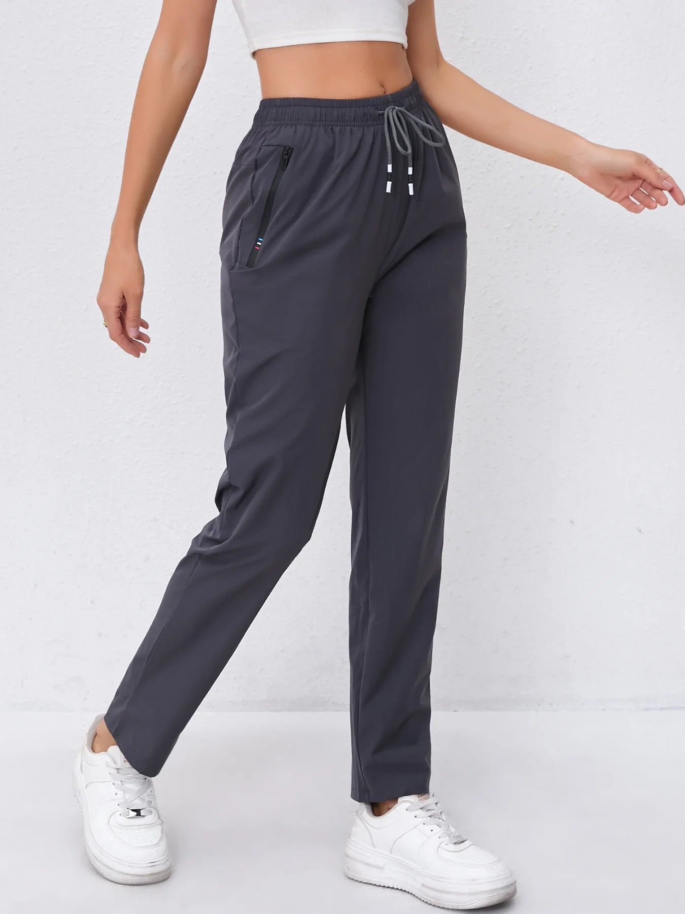 Women's High-Waist Slimming Drawstring Joggers with Dual Side Zipper Pockets - Lightweight, Breathable Nylon Blend Outdoor Pants
