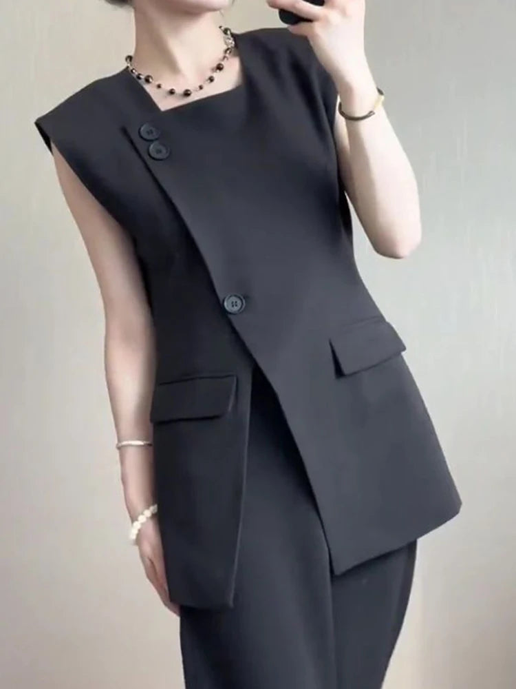 2025 European Black Suit Vest Summer Square Neck  Wide Shoulder Waistcoat Commuter Design Split Sleeveless Top femininas
