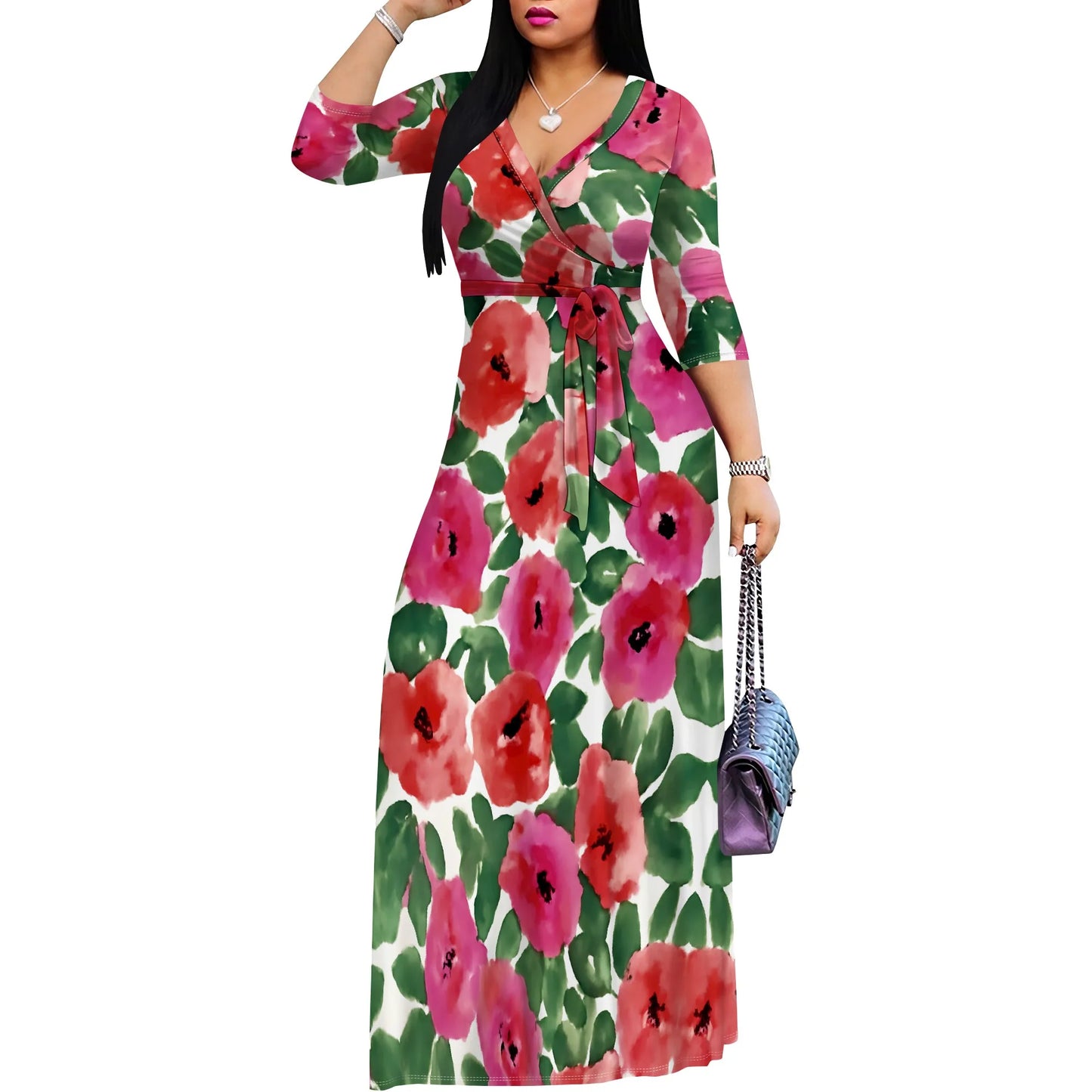 Floral Print Women's Wrap Maxi Dress 2025 New Arrival V-Neck Belted Casual Party Dress XS-3XL