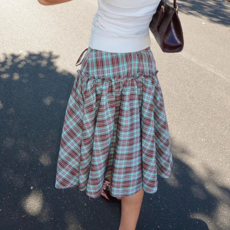 Vintage Tie-Up Ruffle Hem A Line Skirt Cottage Plaid Low Low Rise Midi Skirt Women Gingham Loose Tiered Skirt Y2k Streetwear