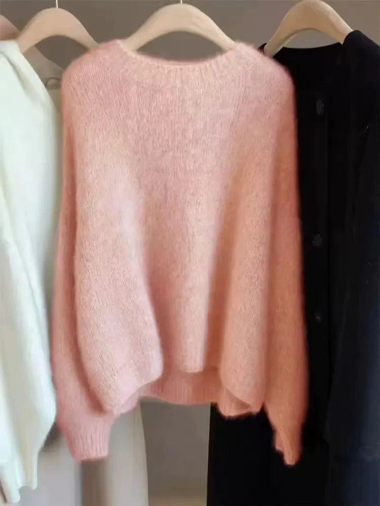 Autumn and Winter New Cashmere Sweater 100% Pure Wool Knitted Pullover for Women, Loose and Lazy Style Round Neck Soft Solid Top
