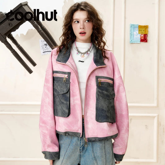COOLHUT 2025 New Arrival Women's Vintage Denim Jacket Short Length Slim Fit Contrast Pocket Petite Utility Casual Fall Outerwear
