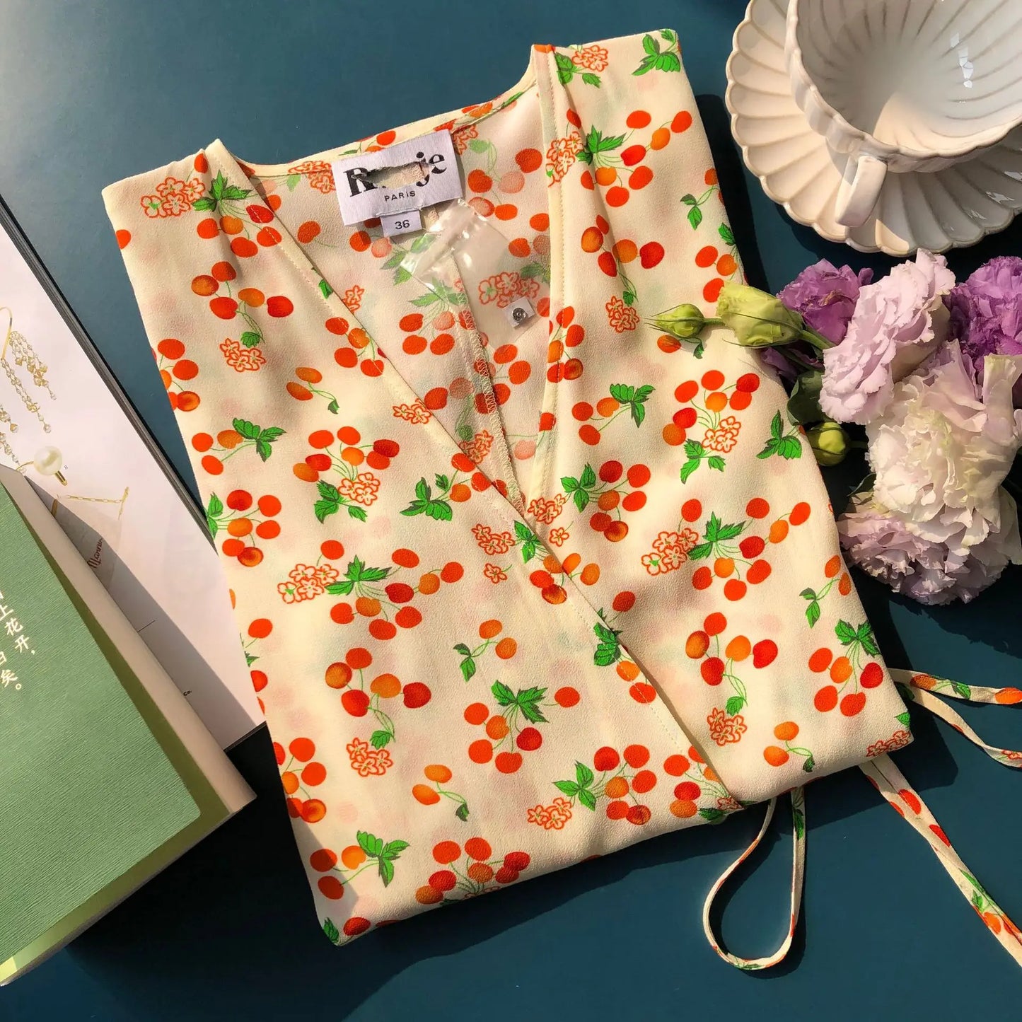 Summer Sweetheart Small Fresh Retro Cherry Print Short-sleeved Wrap Dress, One-piece Coffee Break Dress Tea-break Dress