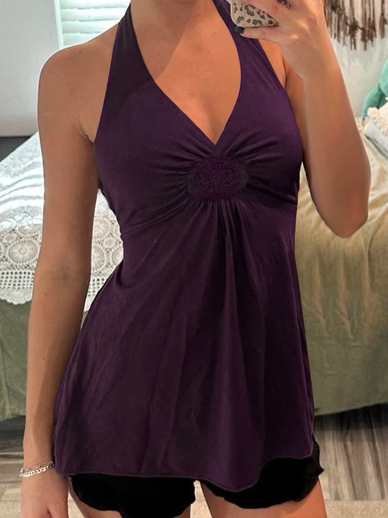 Fashion Solid Simple Embroidered Ruched Women Halter Tops Backless Sexy Hottie Summer Tanks