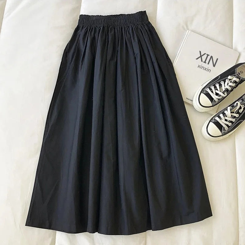 Women White Long Skirt Fashion Pockets Pleated Knee Length Skirts Autumn 2025 New Casual Elegant High Waist A Line Femme Skirts