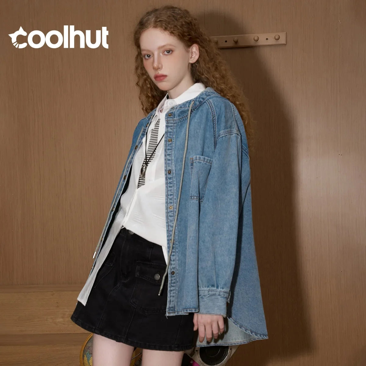 COOLHUT Design 2025 Women's Spring Hooded Button Front Distressed Denim Jacket Oversized Washed Coat Drawstring Waist Mid-Length