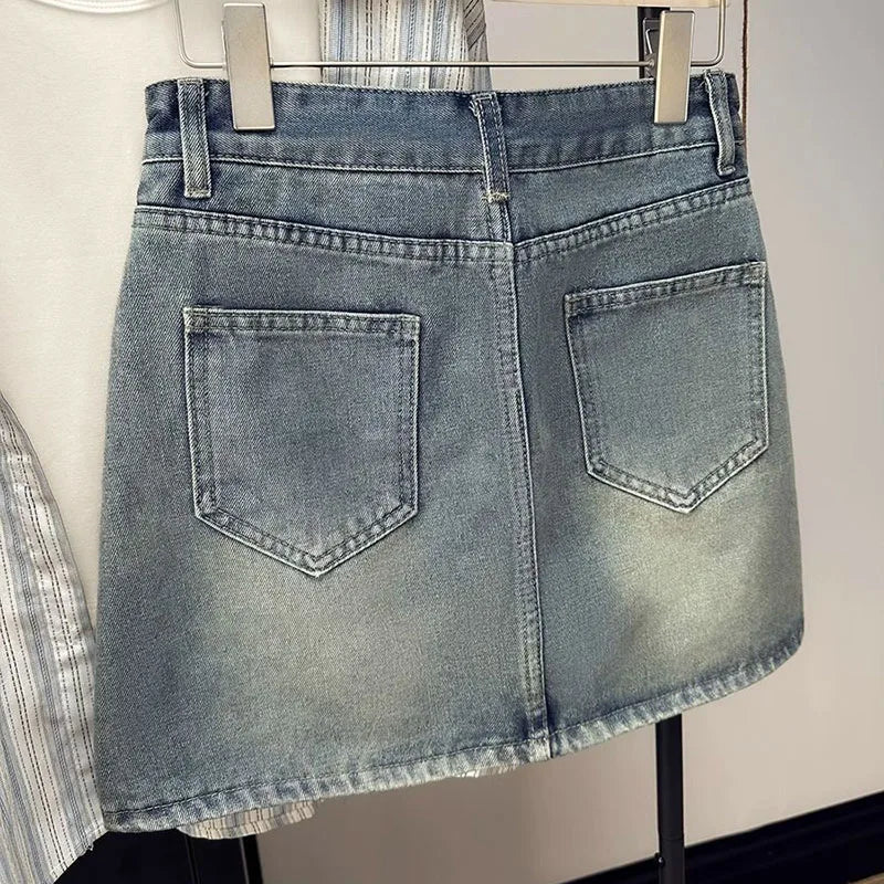 Summer New Womens Vintage Denim Skirts Korean Fashion High-Waisted Slim Mini Skirt Woman Elegant All-Match A- Line Bodycon Skirt