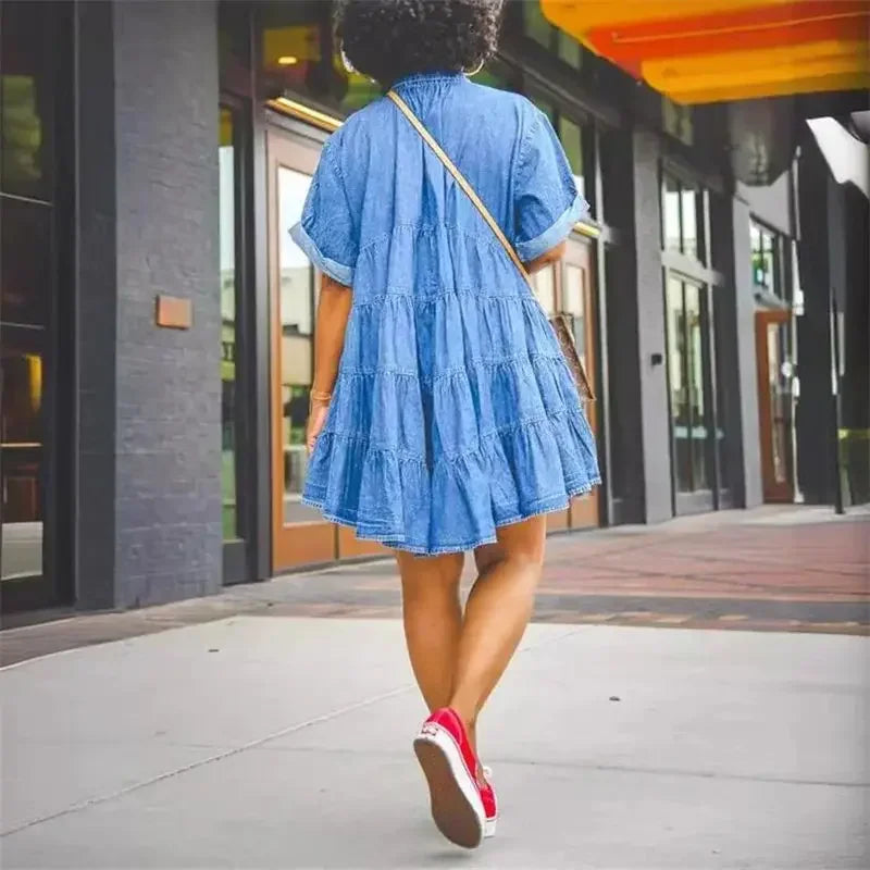 Women Loose High Waist Denim Dresses Fashion Folded Short Sleeve Dress Female Casual Single-breasted Cardigan Mid-length Gown 24