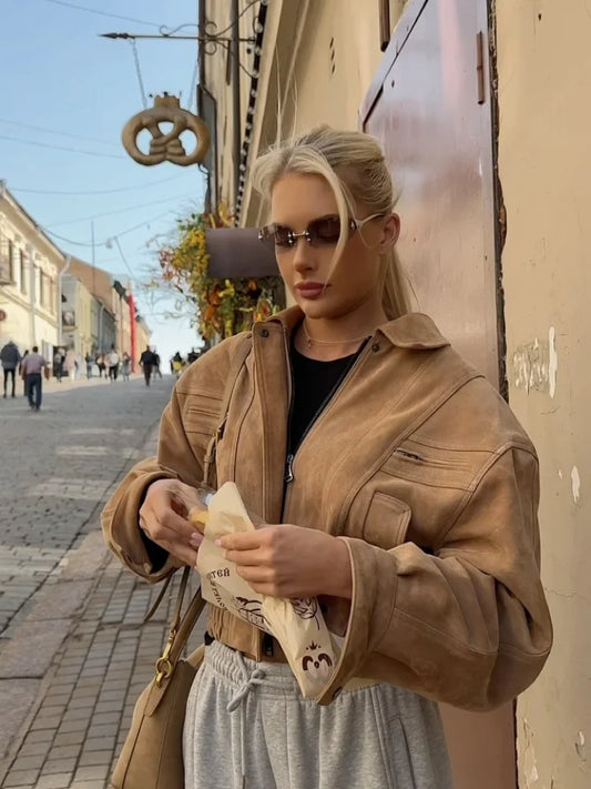 Casual Solid Zipper Cropped Suede Jacket Women Chic Lapel Full Sleeve Pocket Loose Coat Autumn Lady Highstreet Commute Outwear