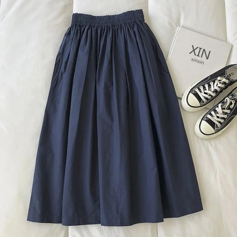 Women White Long Skirt Fashion Pockets Pleated Knee Length Skirts Autumn 2025 New Casual Elegant High Waist A Line Femme Skirts