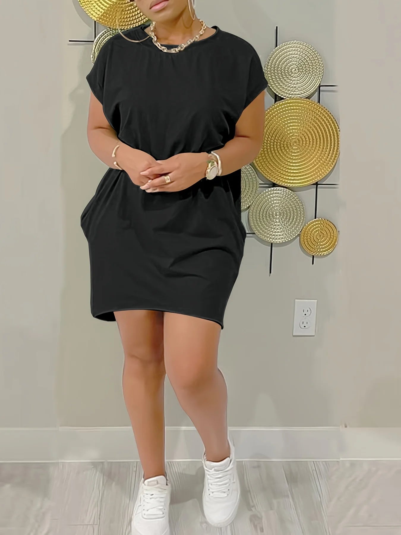 Women'S Casual Knit TShirt Dress  Crew Neck Short Sleeve Fashionable Top Black with Colorful Flag Design