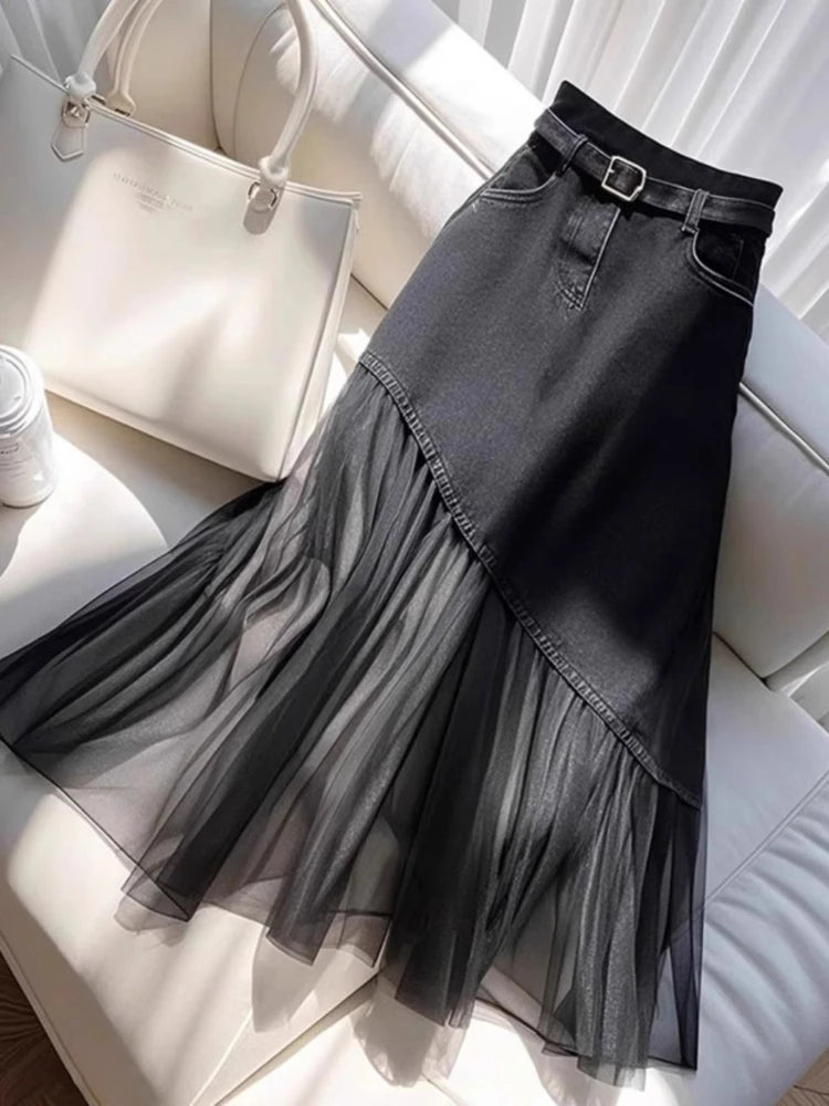 French Elegant Fashion Women's Plus size Hight Waist A Line Denim Patchwork Skirt Female Summer Casual Lone Skirt Office Clothes