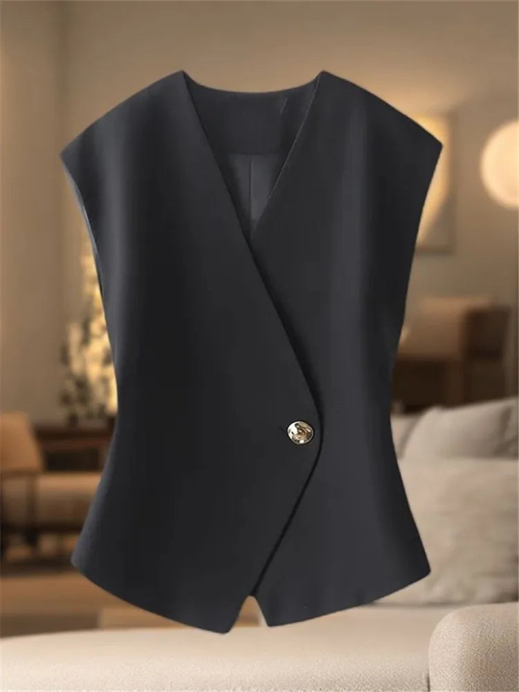 Women's High-end Solid Color V-neck Lining Suit Vest Coat Spring Autumn Slim Versatile Sleeveless Irregular Short Waistcoat