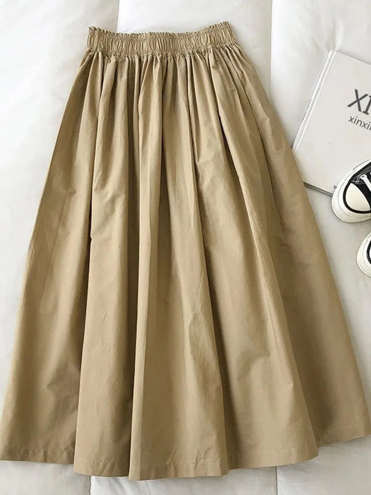 Women White Long Skirt Fashion Pockets Pleated Knee Length Skirts Autumn 2025 New Casual Elegant High Waist A Line Femme Skirts