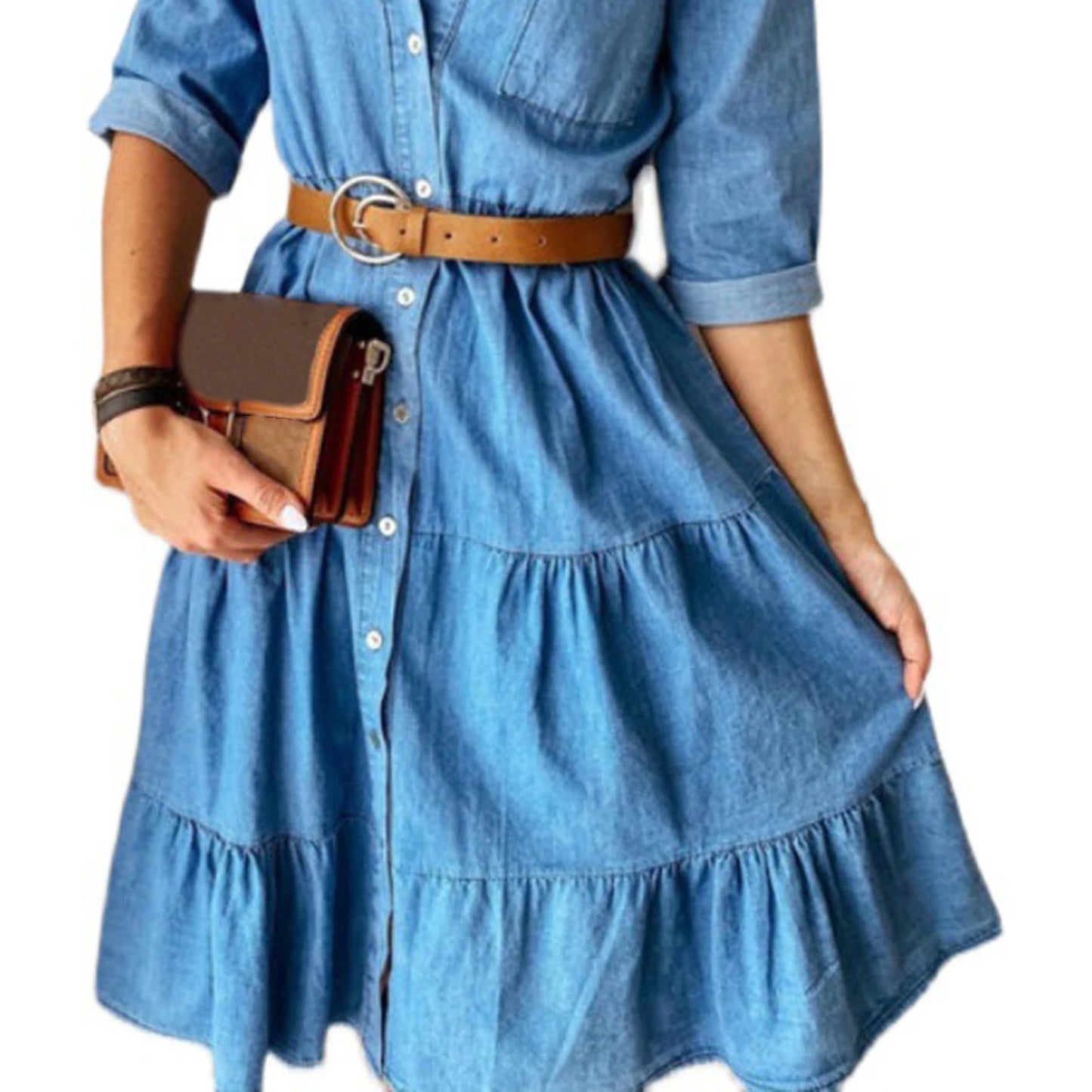 Simple Female Dress Founced Edge High Quality Denim Solid Color Women Dress