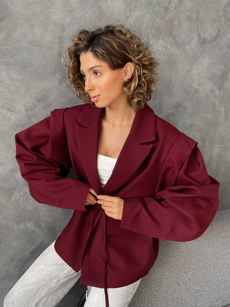Solid Lace Up Lapel Jacket Women Fashion V Neck Long Sleeve Waist Cinching Autumn Short Coat 2025 New Office Lady Chic Outerwear