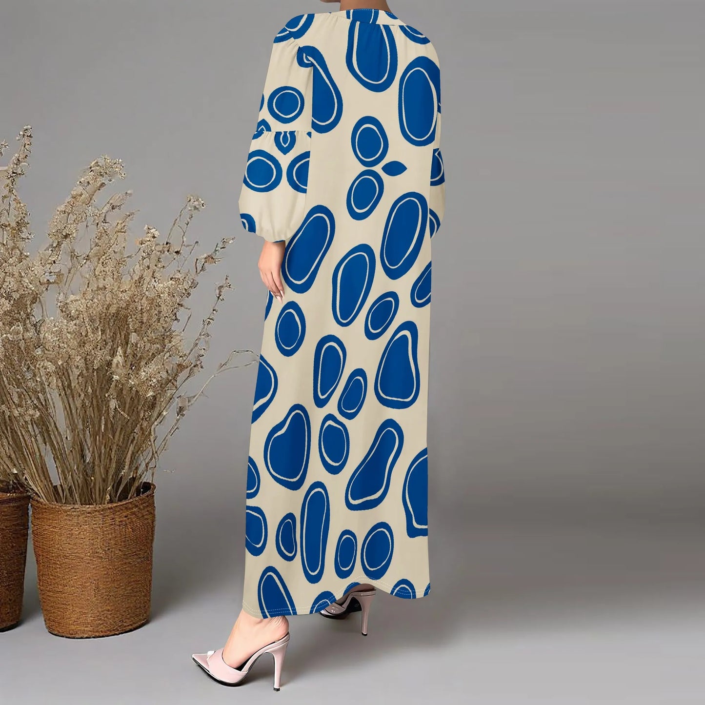 Plus Size Blue Abstract Print Long Dress for Women – Casual & Chic, Perfect for Spring Outings, Available in XS-3XL