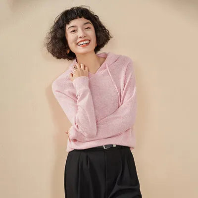 Autumn and winter new women's sweater 100% pure cashmere knitted hooded collar pullover soft solid color hot selling women's top