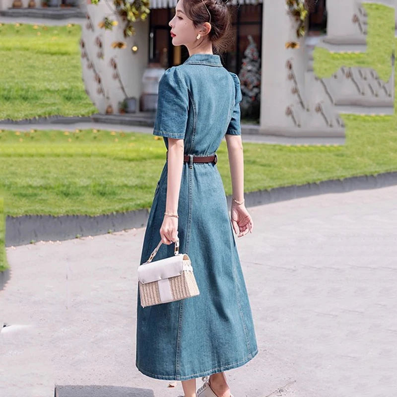 2025 Summer New Women's Denim Dress Solid Short Sleeve Korean Hot Fashion Jeans Dress Female Single-Breasted Long Cowgirl Dress