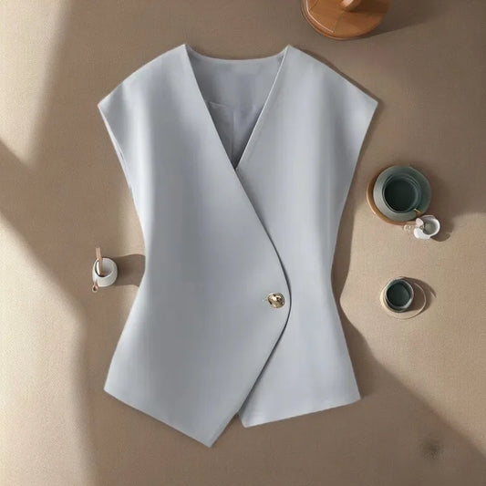 Women's High-end Solid Color V-neck Lining Suit Vest Coat Spring Autumn Slim Versatile Sleeveless Irregular Short Waistcoat