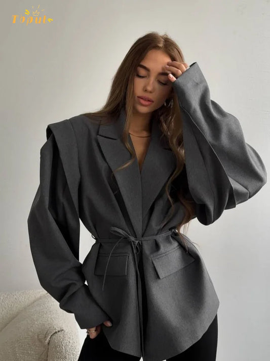 Solid Lace Up Lapel Jacket Women Fashion V Neck Long Sleeve Waist Cinching Autumn Short Coat 2025 New Office Lady Chic Outerwear