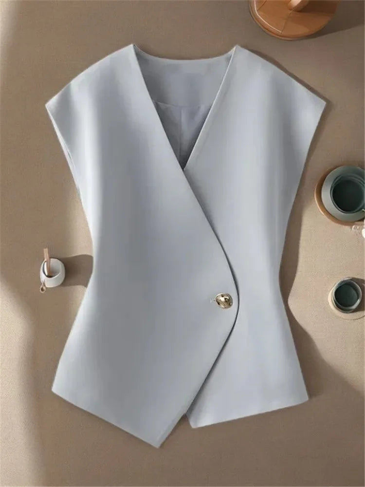 Women's High-end Solid Color V-neck Lining Suit Vest Coat Spring Autumn Slim Versatile Sleeveless Irregular Short Waistcoat