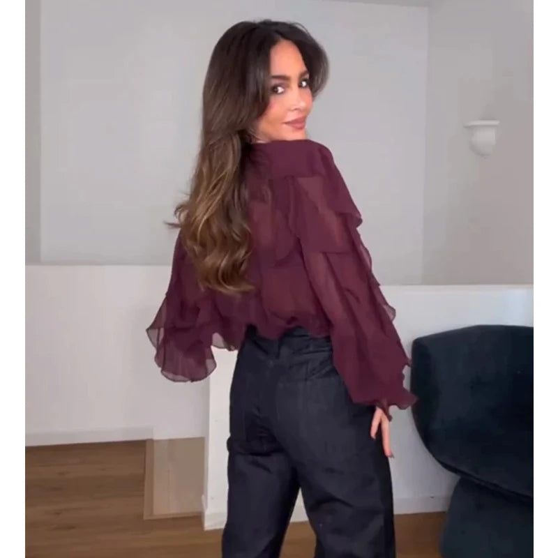 MUJER Ruffle Womens Blouses Semi Sheer Casual Blouses Woman Spring Fairy Shirts and Blouses for Lady Long Sleeve Tops Woman 2025