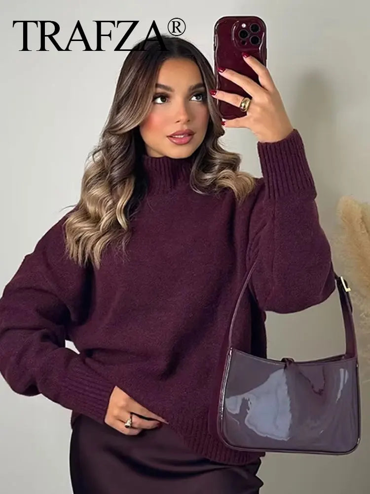 TRAFZA Women Vintage Burgundy Turtleneck Sweater Casual Long Sleeve Knitted Pullover Autumn Winter Women Solid Warm Knitwear