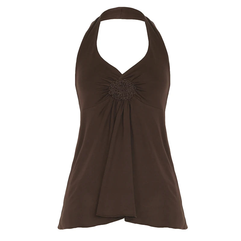 Fashion Solid Simple Embroidered Ruched Women Halter Tops Backless Sexy Hottie Summer Tanks
