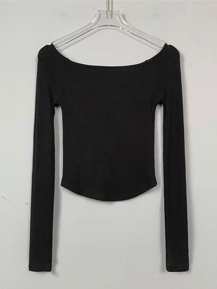 Sexy Slash Neck T Shirt Women Cotton Long Sleeves Cropped Tee Shirt Femme Slim T-shirt Female Black White Tops 2024