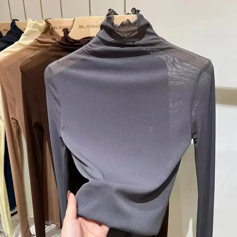 Sexy Women T Shirt See Through Transparent Tops Long Sleeve Ladies T-Shirt Pink Green Basic Top for Female Bottoming Blouses