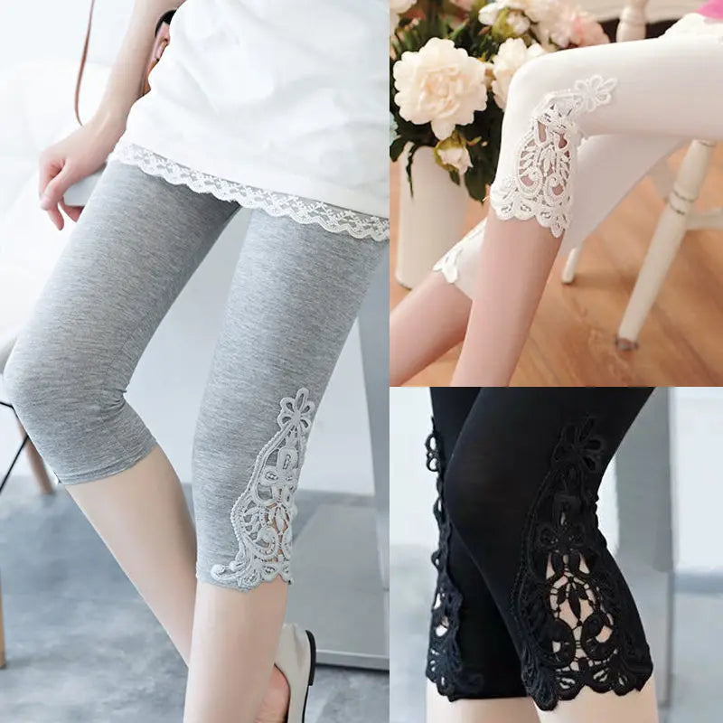 Women Summer Hollow Lace Stretch Leggings Sports Fitness Skinny Pants Crop 3/4 Length Leggings Capris Cropped Modal Pant