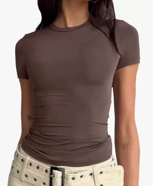 2025 New Summer Y2k Tops Womens Causal Basic T-Shirts Scoop Neck Short Sleeve Crop Tops Cute Slim Fit Tees Pullovers Clothing